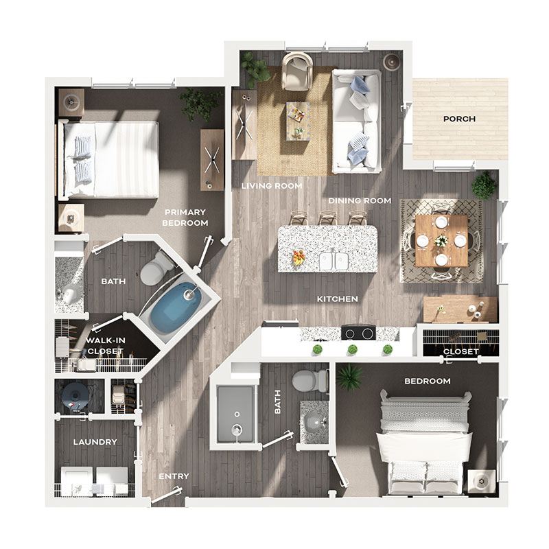 Floor plan for 2 beds, 2 baths, 1039 sqft